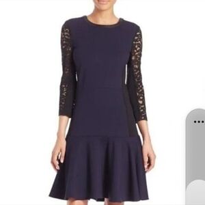 Rebecca Taylor 2 tone black blue drop waist flare zipper and lace mini dress 4